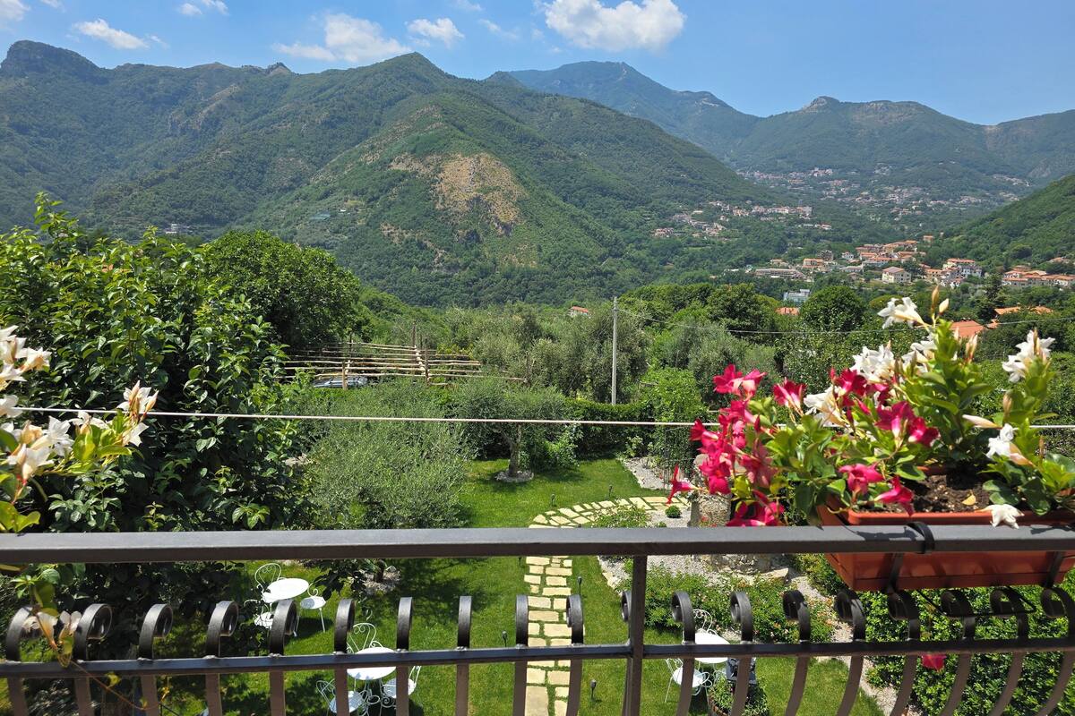 Un balcón con vistas a un paisaje montañoso, un jardín con flores y un pueblo lejano.