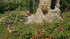 Ein rustikales Steinhaus, umgeben von einem üppigen Garten mit verschiedenen Blumen und Pflanzen.