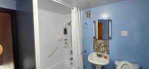 Hair dryer, towels, soap, toilet paper
