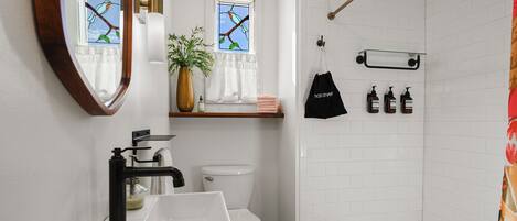 Hair dryer, towels, soap, toilet paper