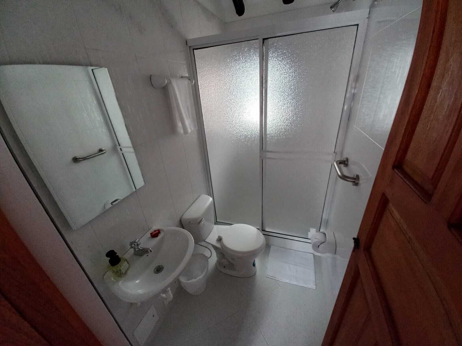 A small bathroom with a toilet, sink, and mirror.