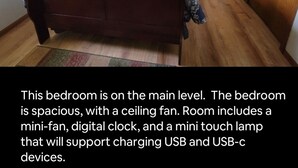 A spacious bedroom with a ceiling fan, a mini-fan, a digital clock, and a mini touch lamp supporting USB and USB-C devices. - Welcome!  Living rm, Family rm, 2 Bathrm w/ shower (DeForest)