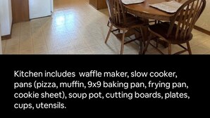 A kitchen with a waffle maker, slow cooker, various pans, a soup pot, cutting boards, plates, cups, and utensils. - Welcome!  Living rm, Family rm, 2 Bathrm w/ shower (DeForest)