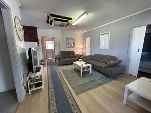 TV, DVD player, video library