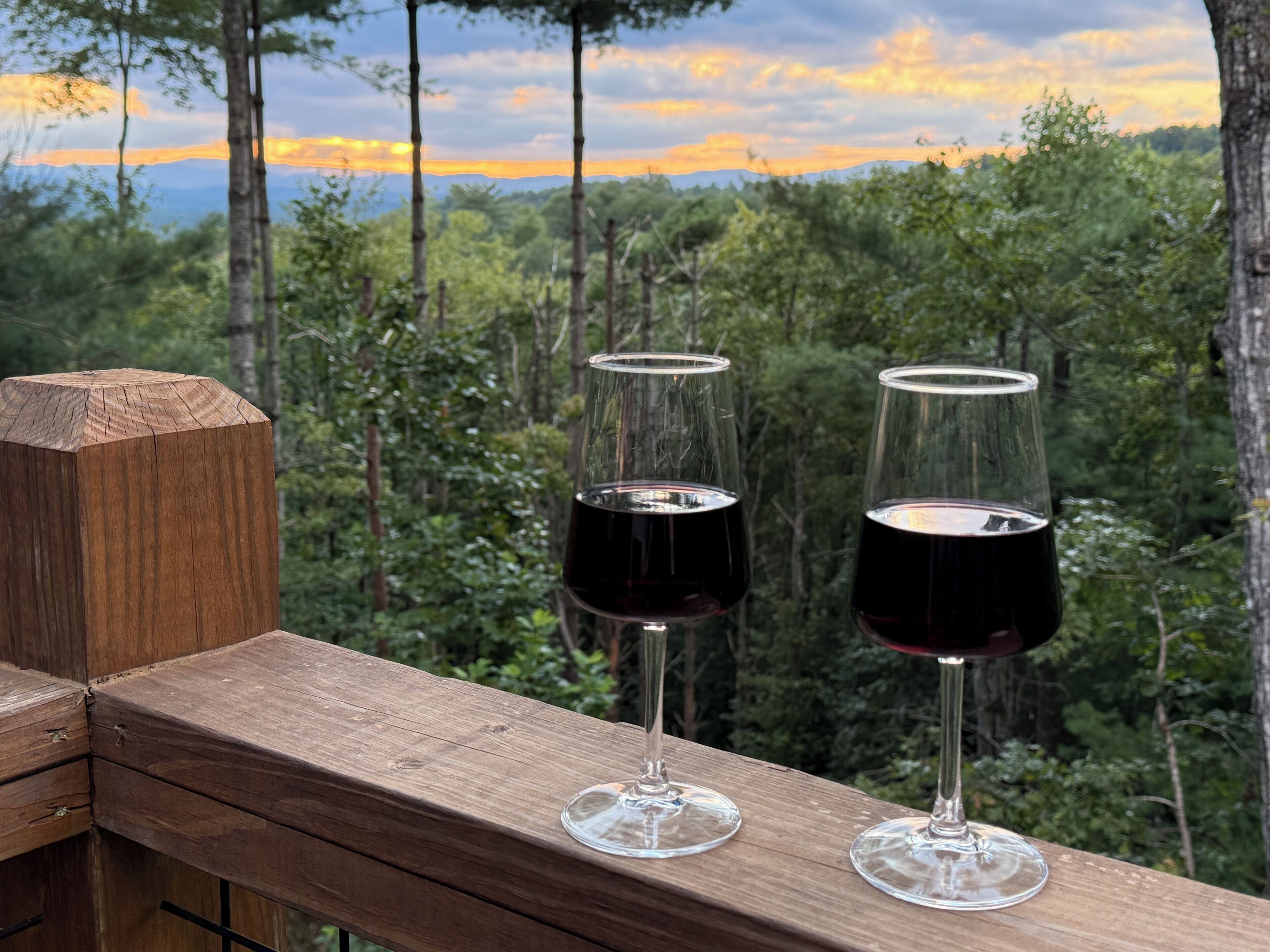 Two wine glasses on a wooden deck with a forest view in the background.