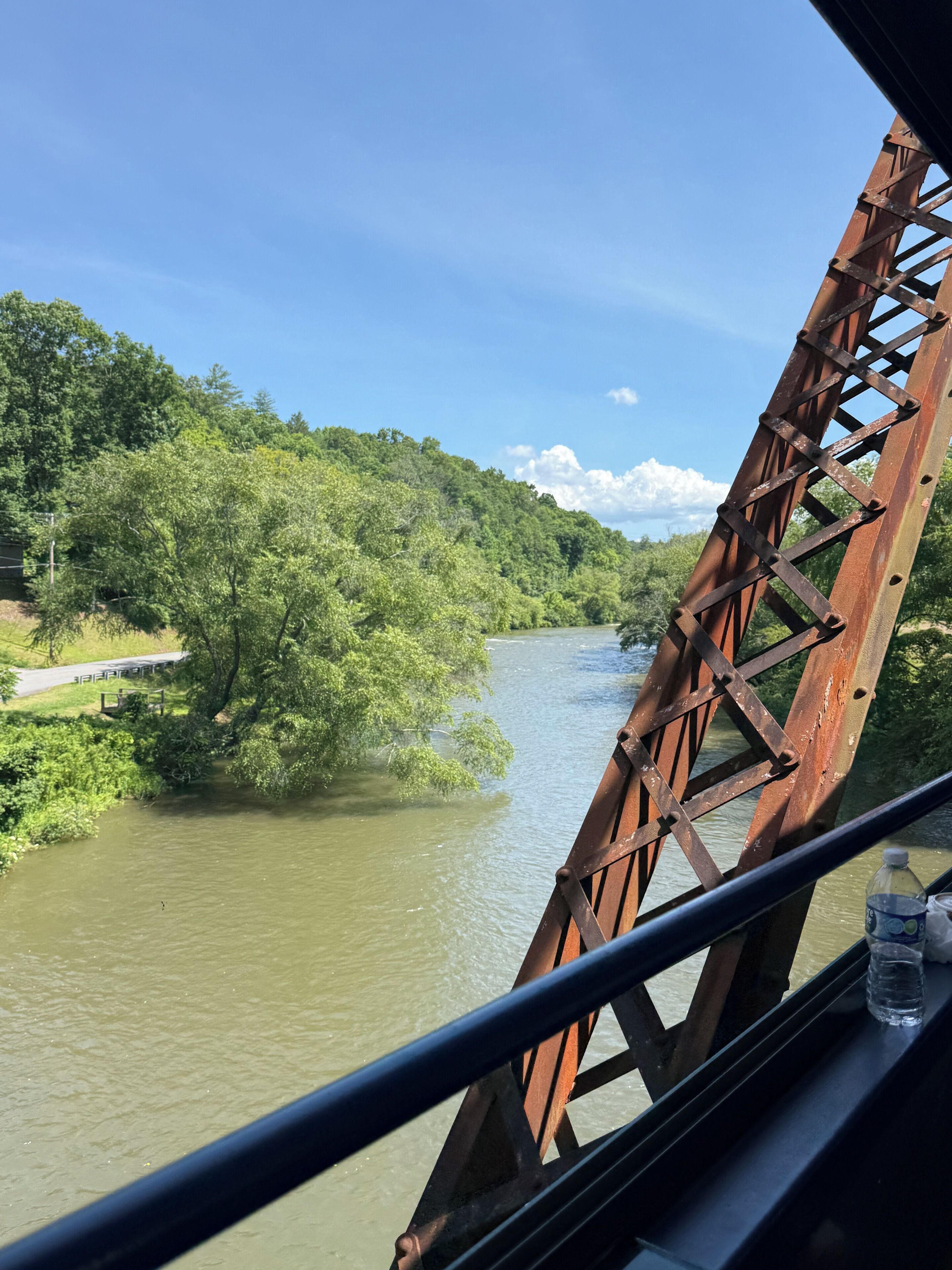 A river with a bridge and greenery.