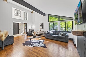 Smart TV, fireplace, books