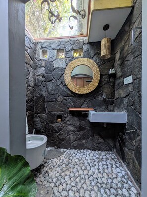 Hair dryer, bidet, towels, soap