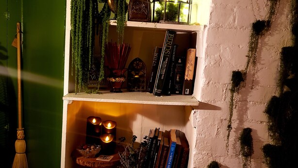 Una estantería con libros y objetos decorativos, una vela y una planta pequeña.