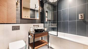 Hair dryer, towels, soap, toilet paper