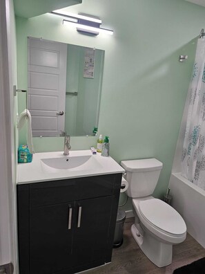 Hair dryer, towels, soap, toilet paper