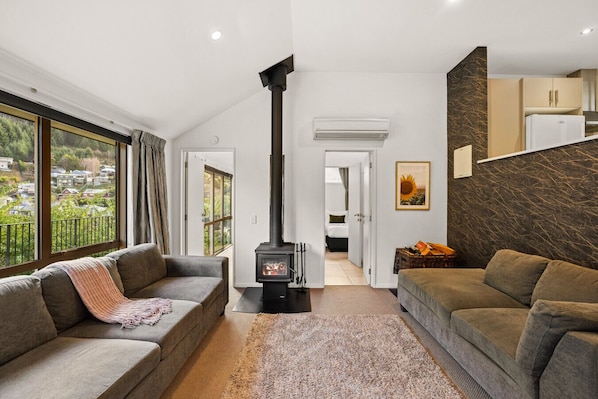 Smart TV, chimenea y libros