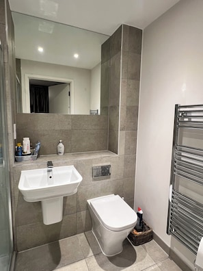 Shower, hair dryer, towels, soap