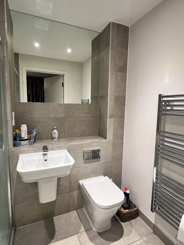 Shower, hair dryer, towels, soap