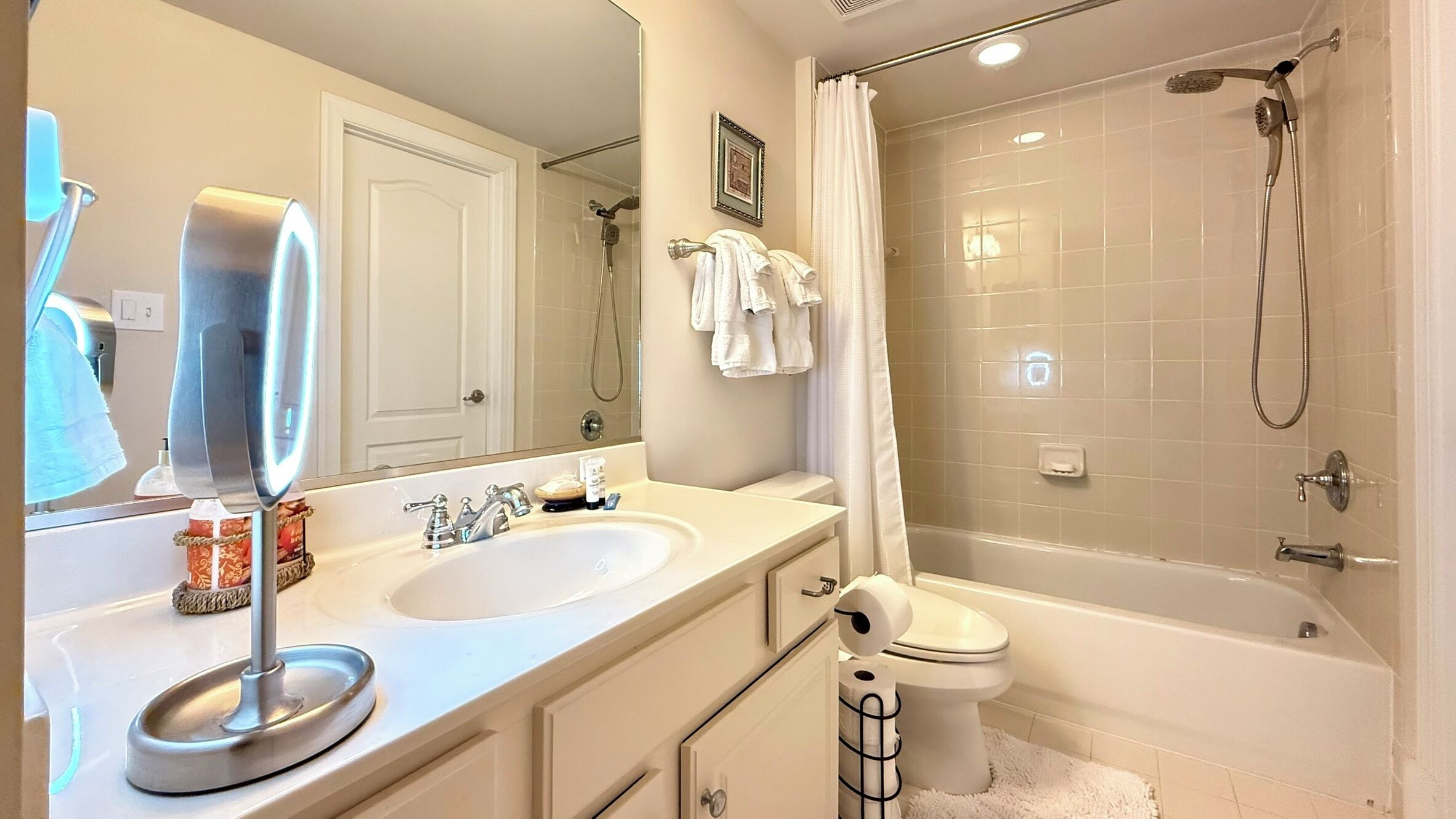 Hair dryer, bidet, towels, soap