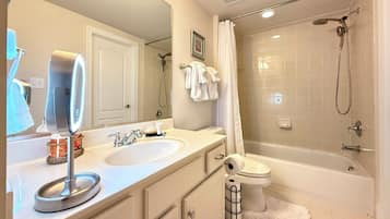 Hair dryer, bidet, towels, soap