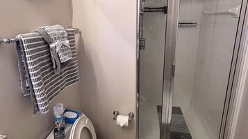 Shower, hair dryer, towels, soap