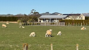 A rural property with a fenced field, a large building with a porch, and a hilly landscape in the background.