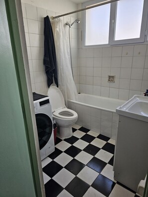 Hair dryer, towels, soap, toilet paper