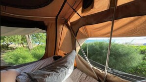 L’intérieur d’une tente, avec un espace pour dormir, une fenêtre et une vue sur la verdure à l’extérieur.