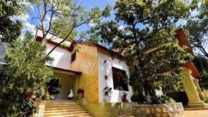 Un bâtiment avec un escalier menant à une porte, entouré de plantes en pot et d’arbres.