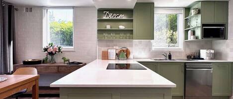 Fridge, microwave, oven, stovetop