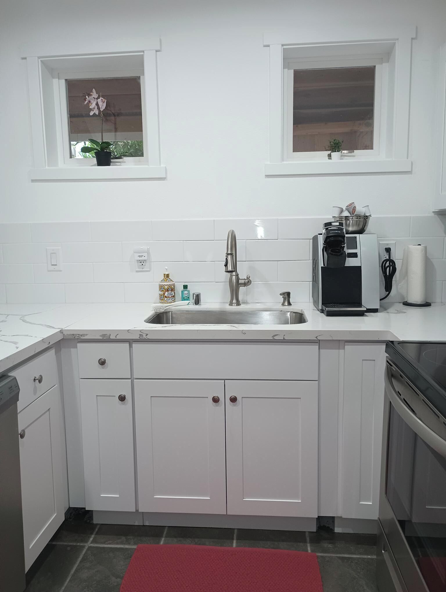 A kitchen with white cabinets, a stainless steel sink, a coffee machine, and a window with a plant.