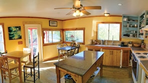 Fridge, oven, stovetop, cookware/dishes/utensils