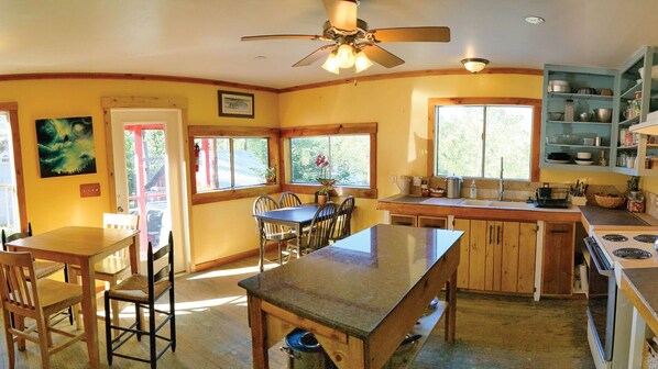 Fridge, oven, stovetop, cookware/dishes/utensils
