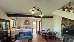 A spacious living area with a stone fireplace, a dining table with chairs, a blue sofa, and a kitchen in the background.