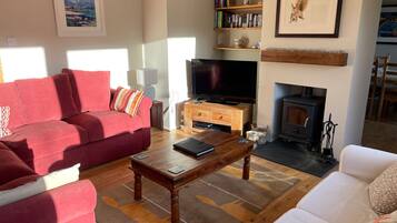 Smart-tv, een open haard, een tafeltennistafel en een stereo