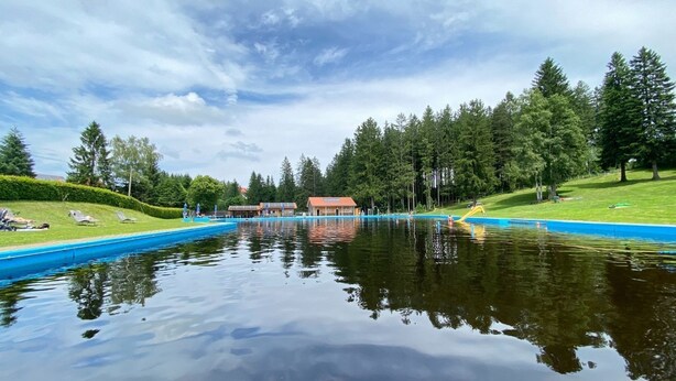 A serene outdoor swimming area with a clear pool, lounge chairs, and a building in the background. - NEW: Exclusive Waldliebe apartment with indoor pool and sauna (Schonach im Schwarzwald)