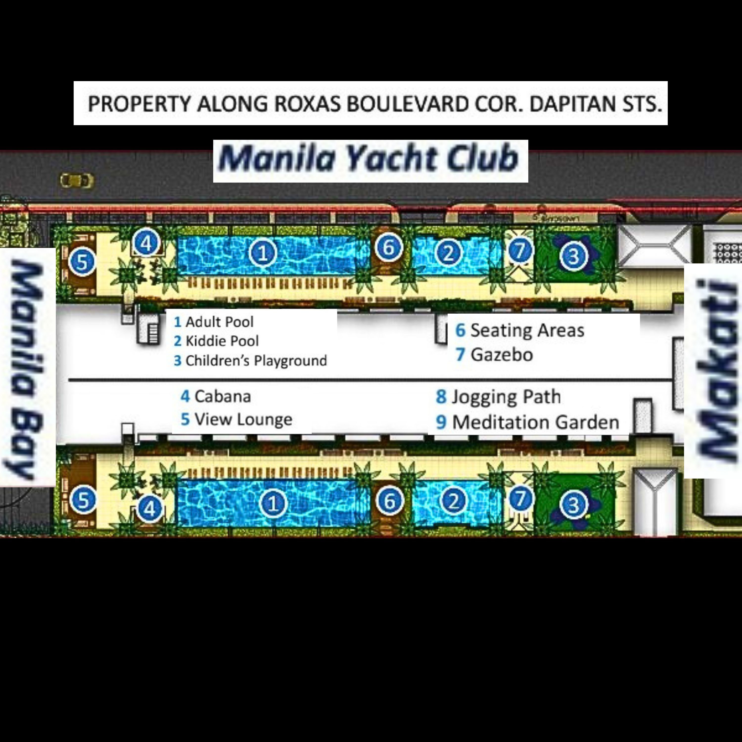 A floor plan of the Manila Yacht Club with amenities including an adult pool, kiddie pool, children's playground, cabana, view lounge, seating areas, gazebo, jogging path, and meditation garden.