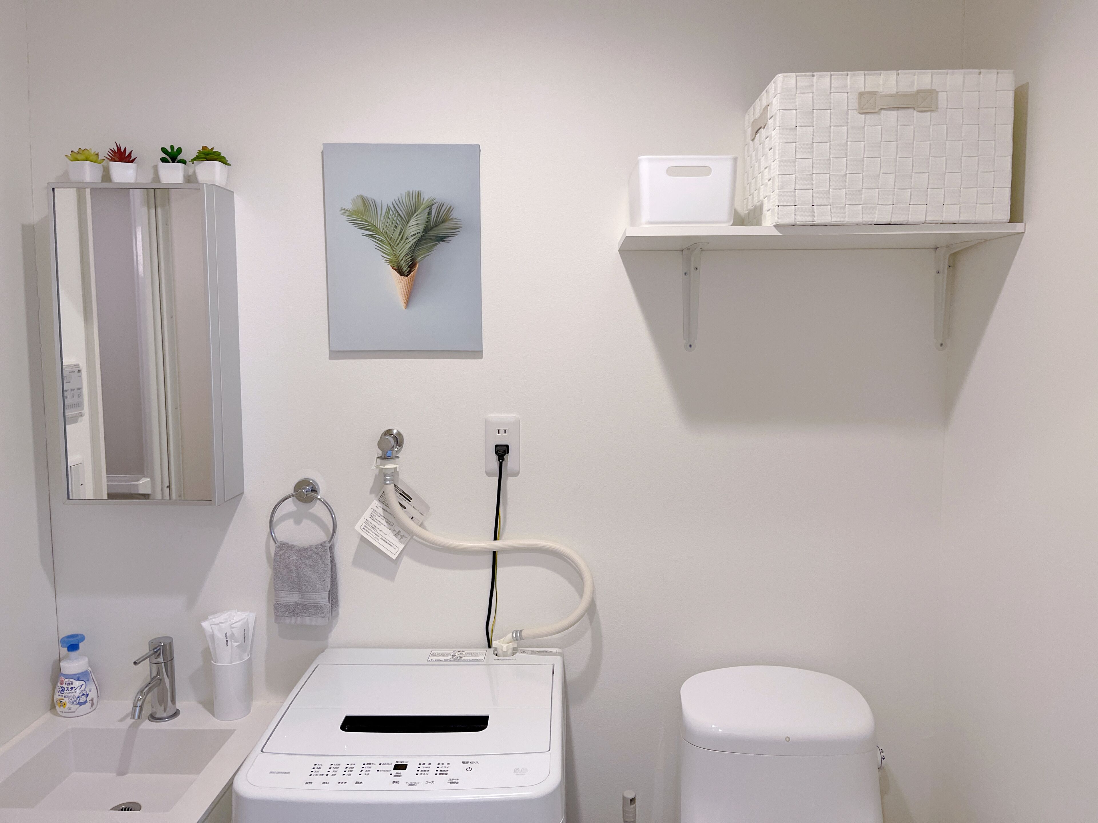 Secador de cabelo, toalhas de banho, sabonete, shampoo