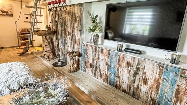 A modern living room with a large flat-screen TV mounted on a rustic wooden wall, a wooden coffee table, and a fluffy rug. - Vacation home Baur by Interhome (Neureichenau)