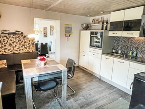 Fridge, dishwasher, cookware/dishes/utensils