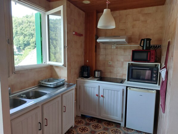 Cocina compacta con ventana, un lavamanos, microondas, cafetera y refrigerador pequeño.