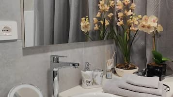 Shower, hair dryer, bidet, towels