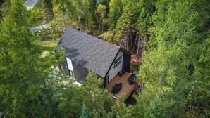 Una cabaña moderna con techo inclinado, rodeada de un bosque frondoso.