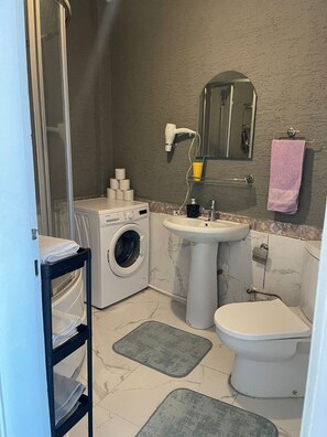 Hair dryer, towels, soap, toilet paper