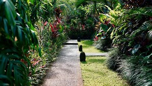 A pathway flanked by lush tropical plants leading to a grassy area with a stone bench. - Tegal Utu Villa (Ubud)