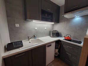 Fridge, microwave, dishwasher