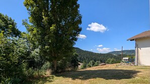 A grassy yard with a large tree, a building with a red roof, and a forested hill in the background. - House for 4 in Gérardmer between lake and mountains with terrace (Gérardmer)