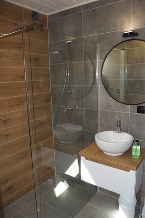 Shower, hair dryer, towels, soap