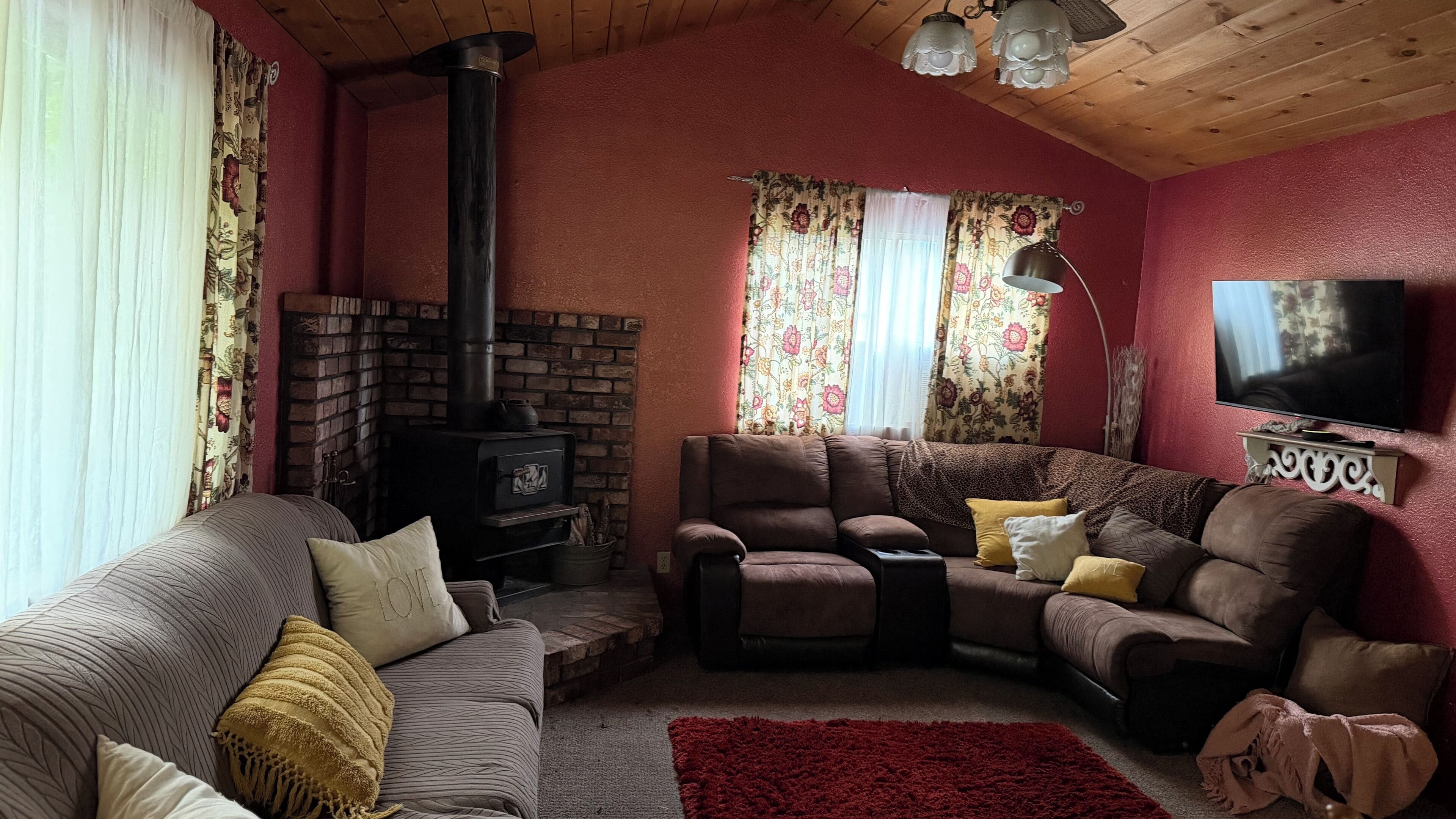 TV, fireplace, books