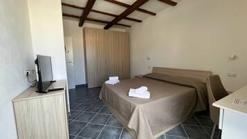Una habitación de hotel con cama, escritorio, televisor y armario.