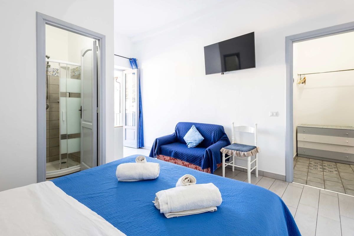 A hotel room with a bed, a chair, a TV, and a shower area.