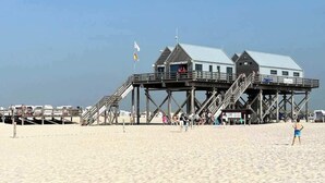 A beachside pier with a viewing platform and a building labeled 'Strandblick.' - Small break under thatch - quiet & cozy (Sankt Peter-Ording)