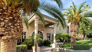 A luxurious estate with a well-manicured garden, a fountain, and a large palm tree.