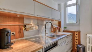 A modern kitchen with wooden cabinets, stainless steel appliances, and a window with a mountain view. - Facing the Mont Blanc range. (Chamonix-Mont-Blanc)